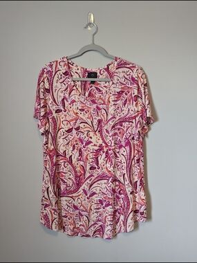 JM Collection Pink and Coral Paisley V-Neck Blouse